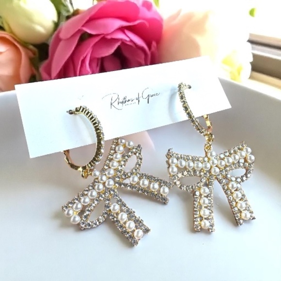 Jewelry - Sparkle & Shine: Rhinestone & Faux Pearl Bow Hoop Earrings - NWT Jewelry